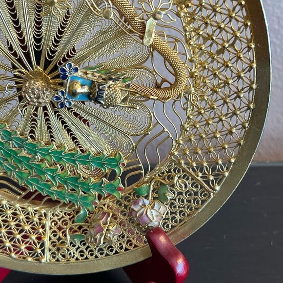 Chinese gold filigree enamel 3D dragon Phoenix decorative plate - Picture 4 of 14